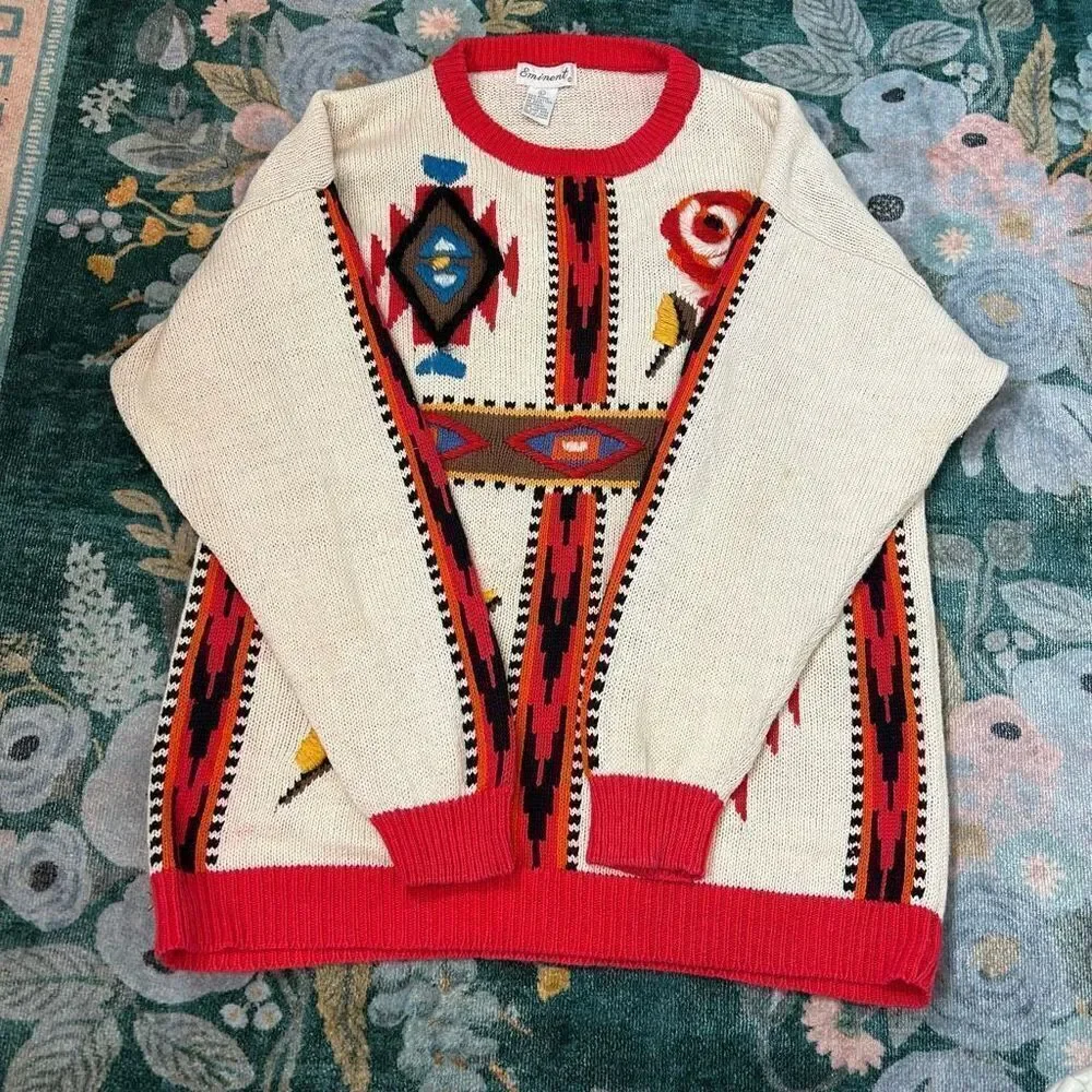 Emminent Womens Folk Art Embroidered vintage Crewneck Sweater Southwesterb Large